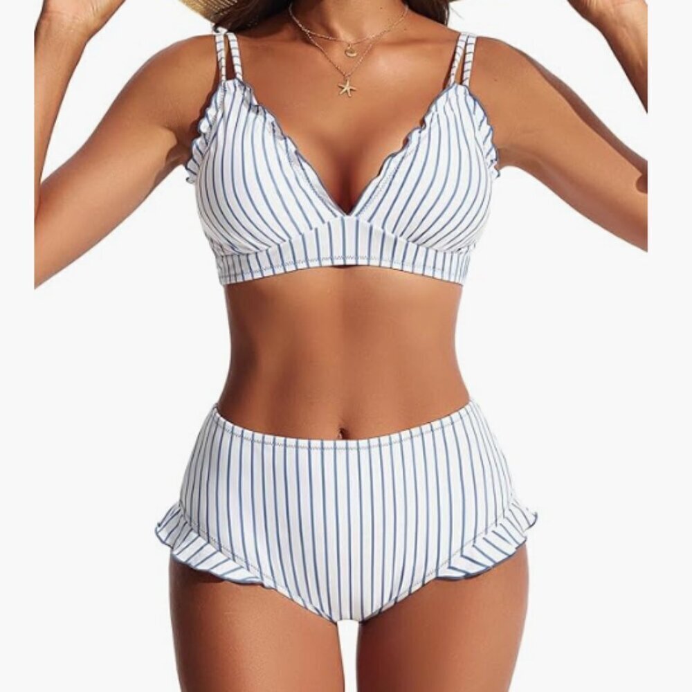 NWT Ruffled High Waisted Bikini Set Size L